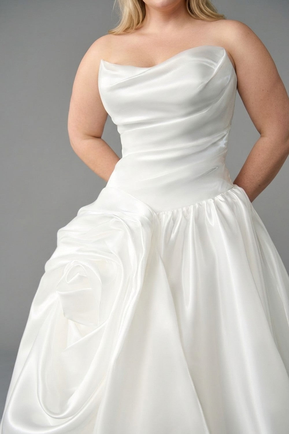 Plus-Size Strapless Ruched Ball Gown with 3D Floral Detail — plus-size render