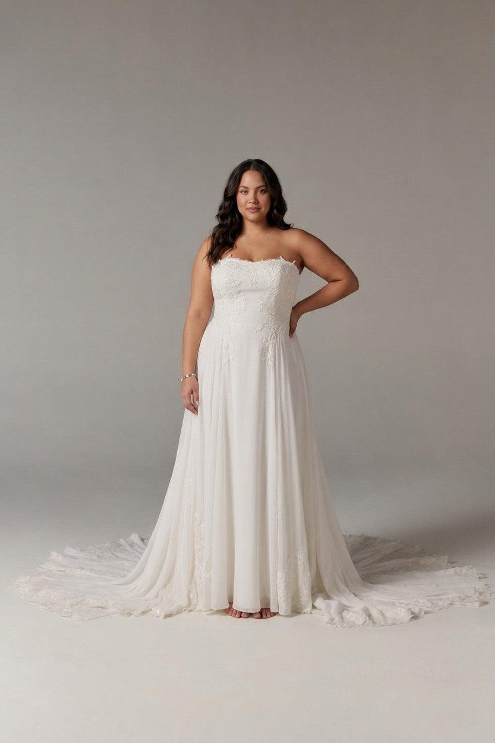 Plus-Size Simple A-Line Wedding Dress with Matte Lace Appliques — plus-size render