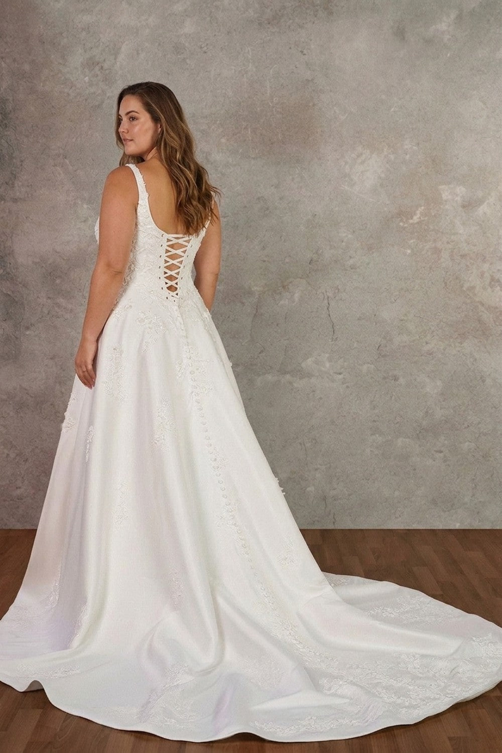 Plus-Size Scoop-Neck 3D Floral Satin A-Line Wedding Dress With Buttons — plus-size render