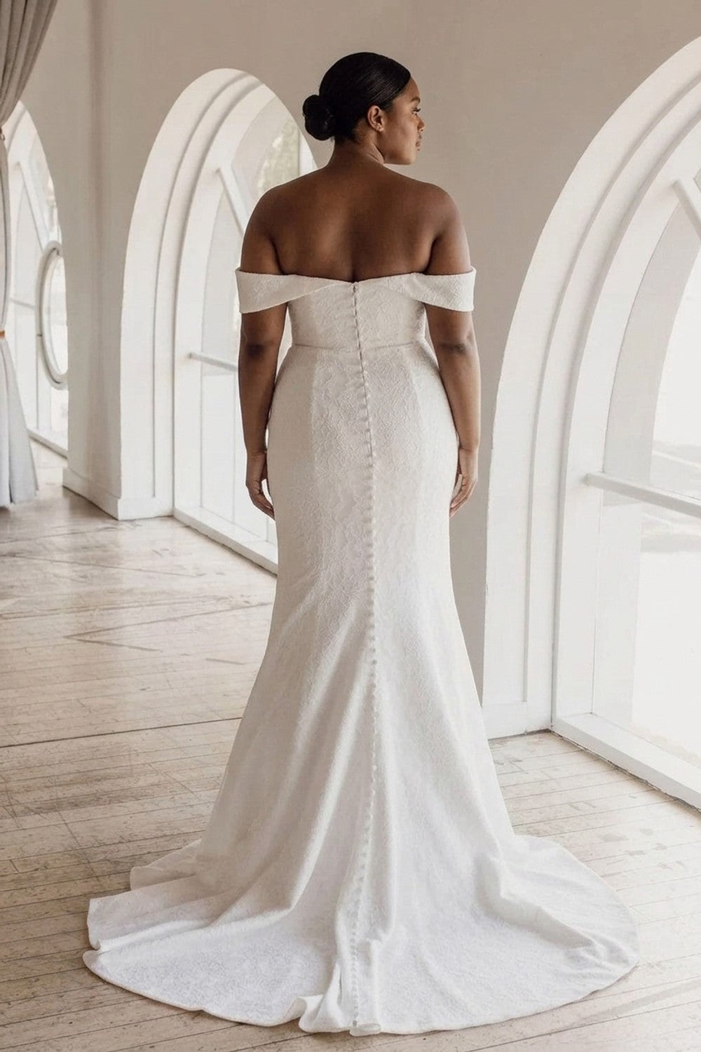 Plus-Size Modern and Sculpted Sheath Wedding Dress with Floral Lace — plus-size render