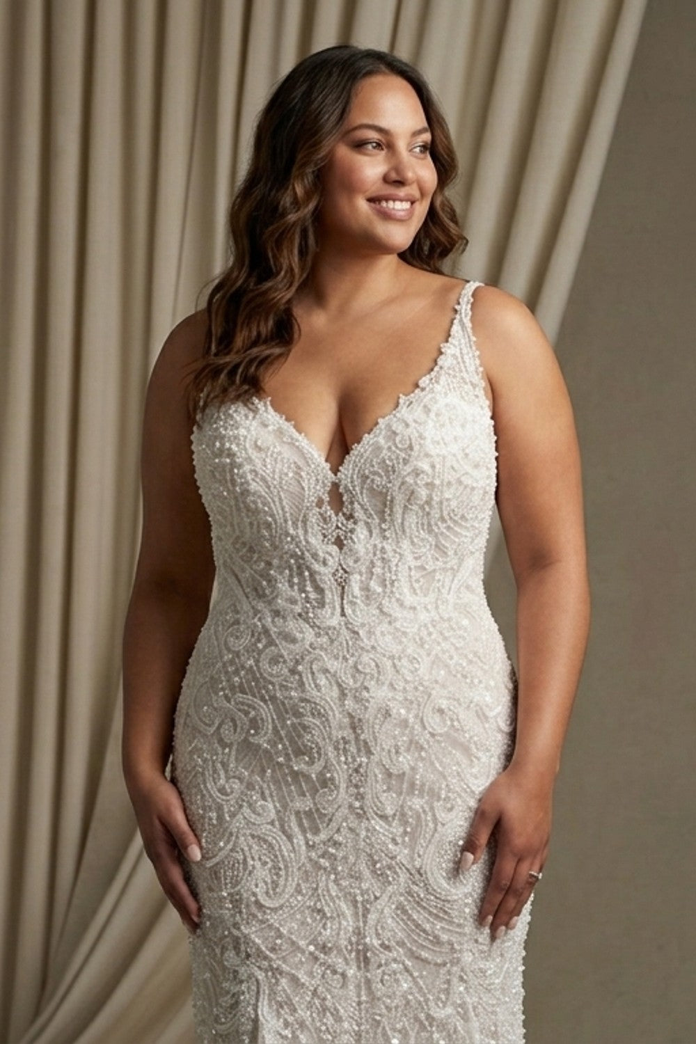 Plus-Size Lace Sheath Wedding Dress With Pearl Details — plus-size render