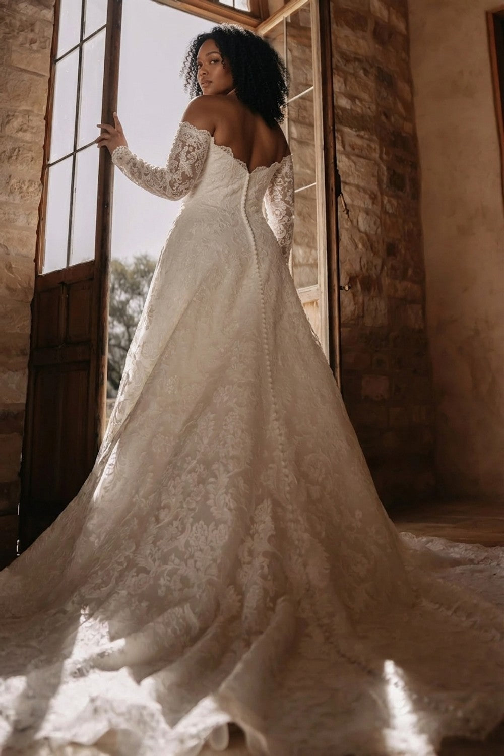 Plus-Size Romantic Lace Off-the-Shoulder Sleeve A-Line Wedding Dress — plus-size render