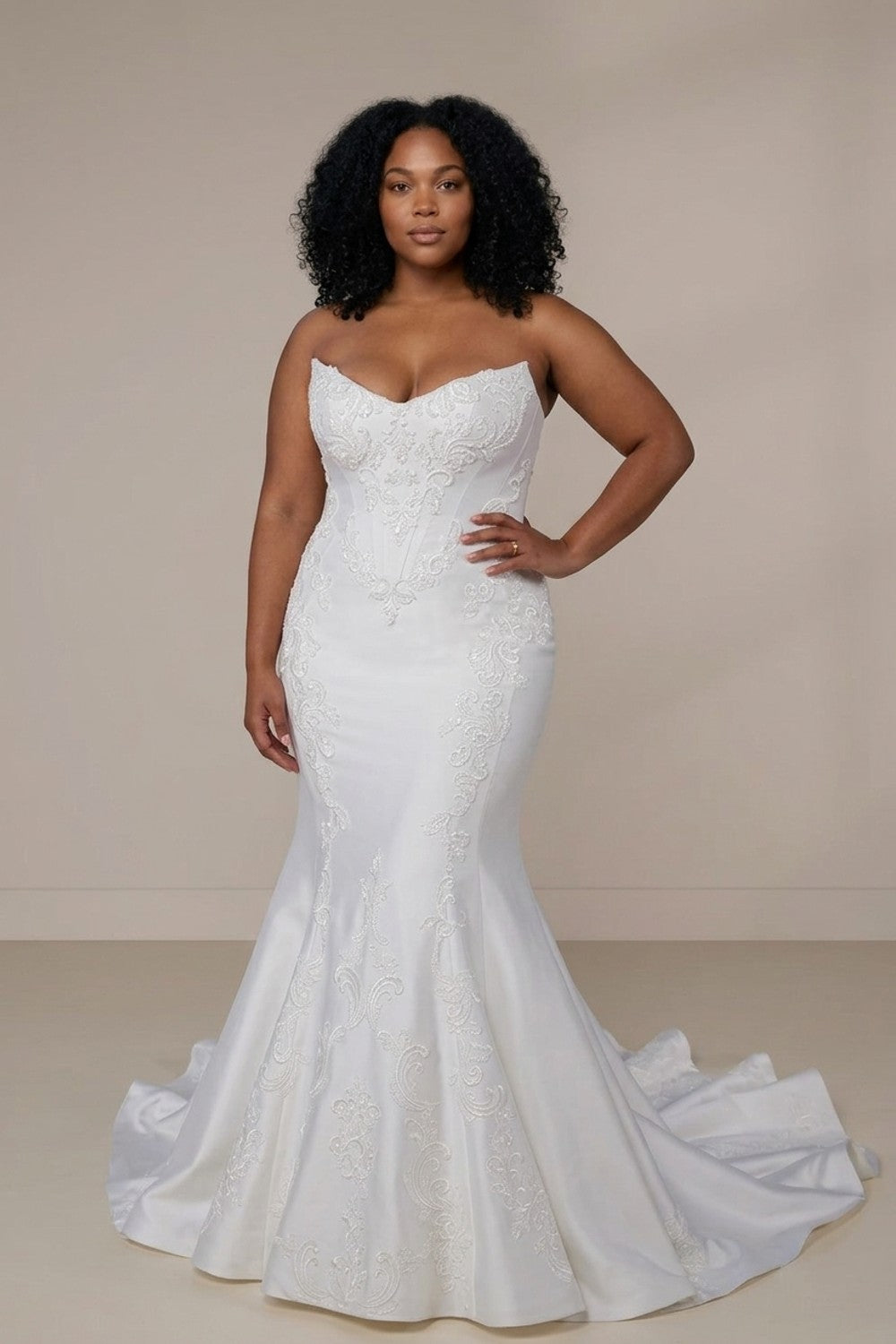 Plus-Size Regal And Dramatic Embellished Lace Fit-And-Flare Wedding Dress With Overskirt — plus-size render