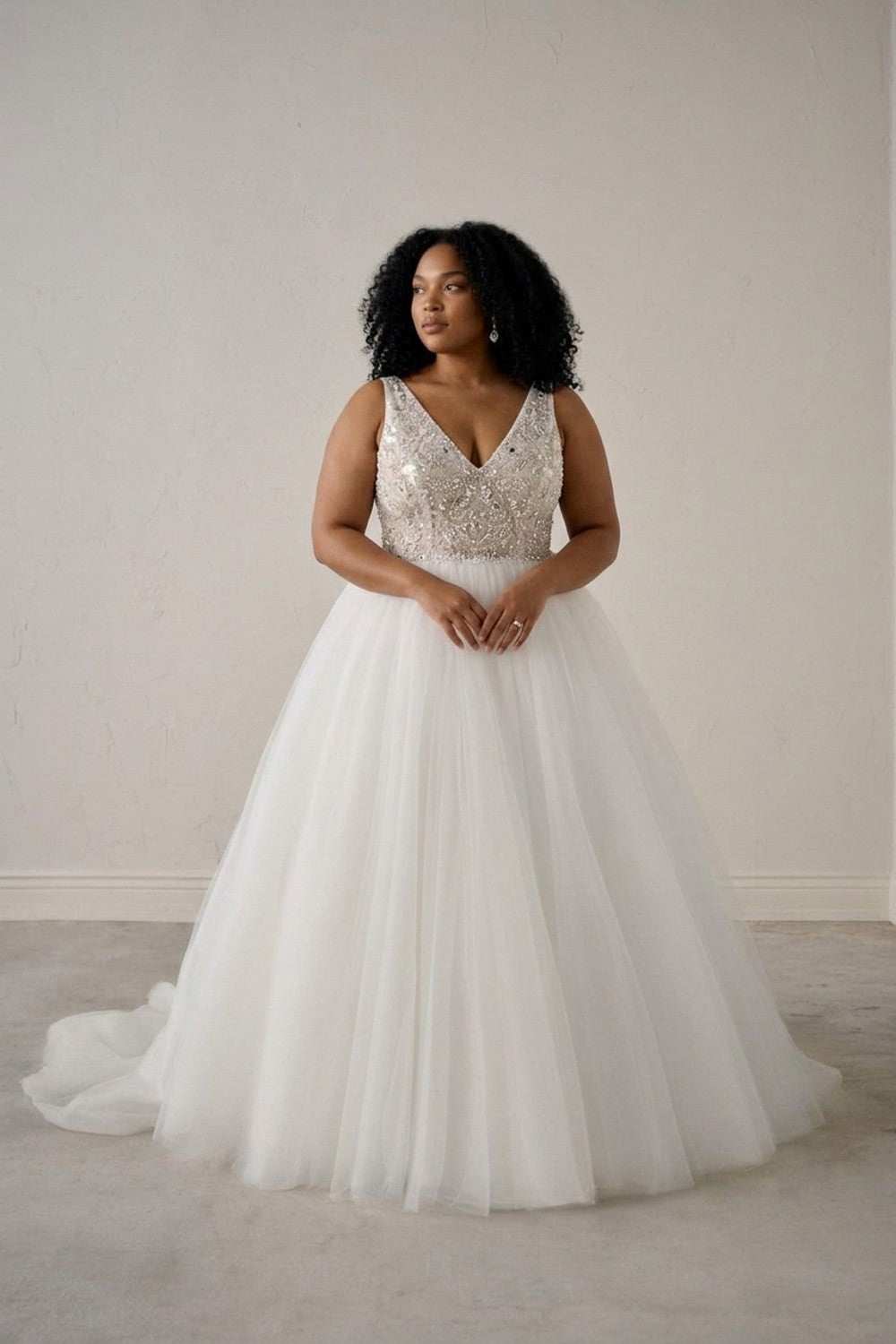 Plus-Size V-Neck Sparkly Tulle Ball Gown With Open Back — plus-size render