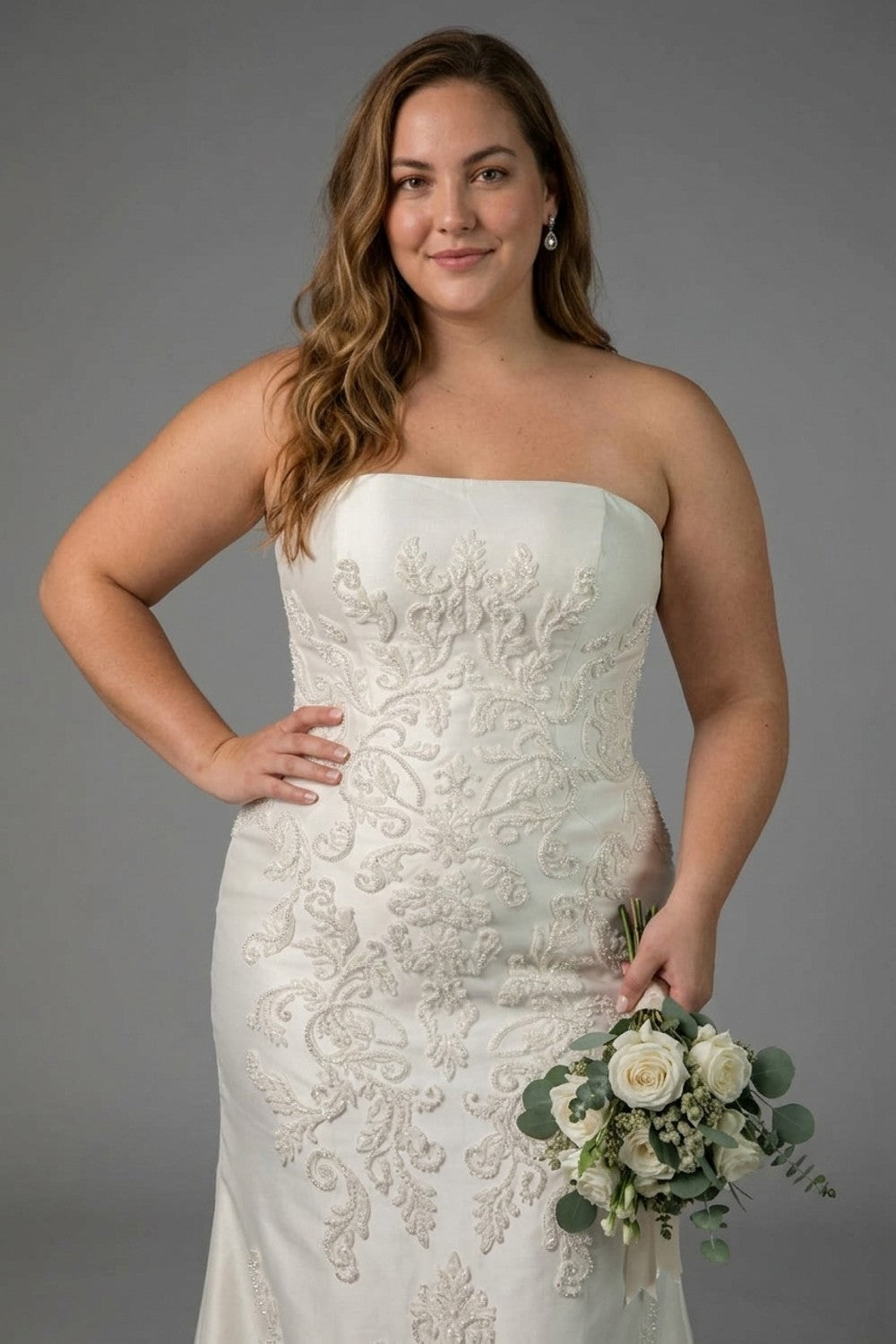 Plus-Size Strapless Sheath Wedding Dress with Intricate Detailing and Detachable Train — plus-size render