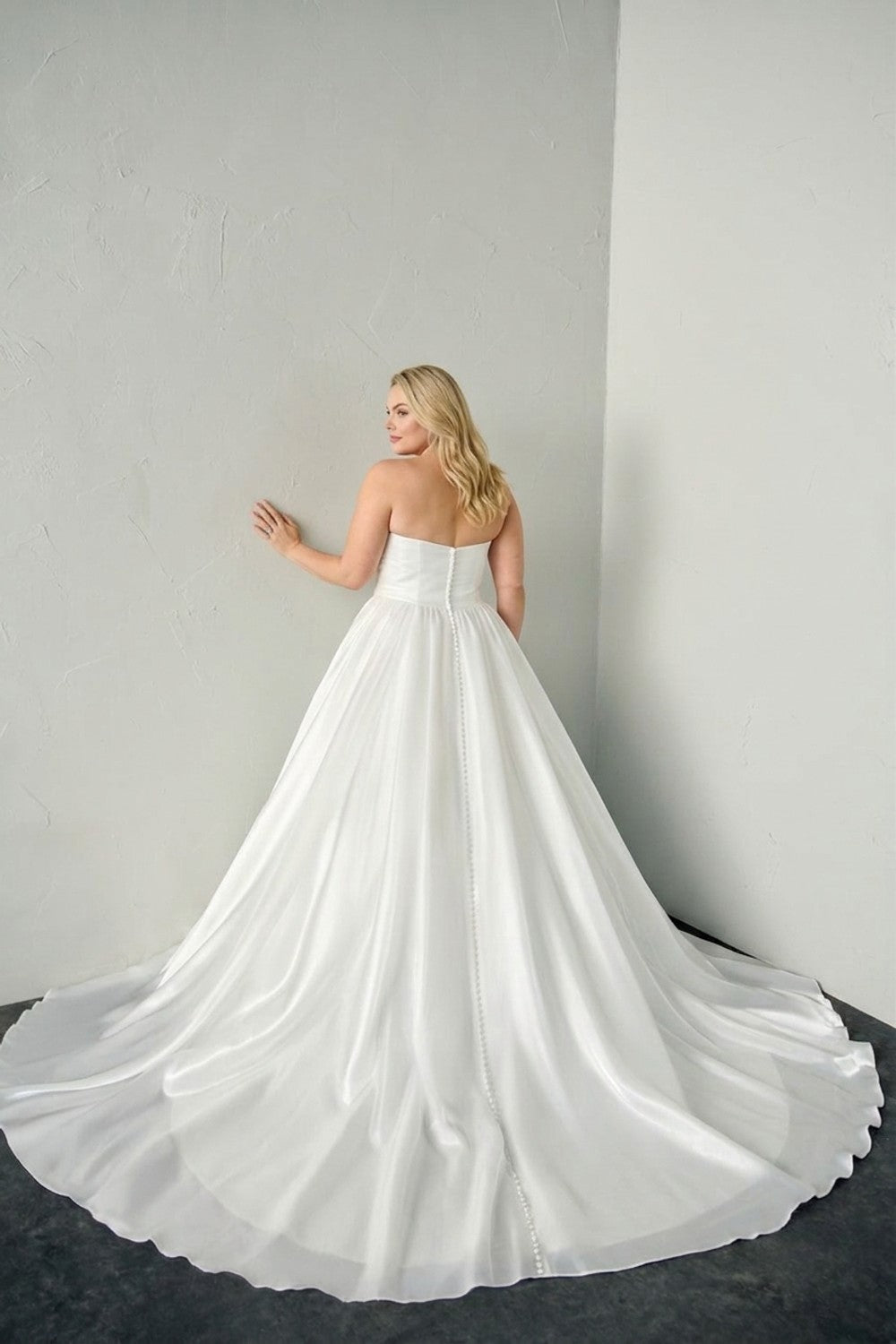 Plus-Size Strapless Ruched Ball Gown with 3D Floral Detail — plus-size render