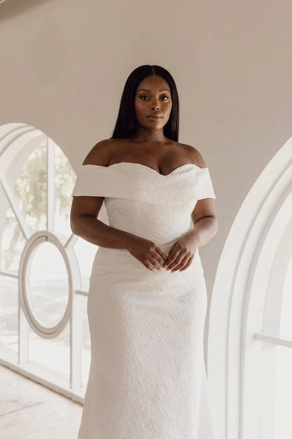 Plus-Size Modern and Sculpted Sheath Wedding Dress with Floral Lace — plus-size render