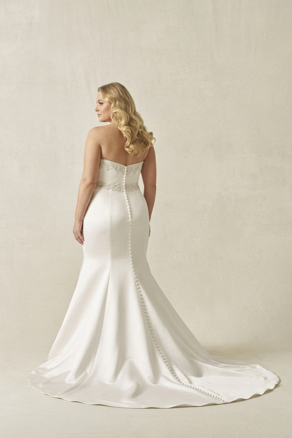 Plus-Size Sleek Embellished Satin Fit-And-Flare Wedding Dress With Buttons β plus-size render
