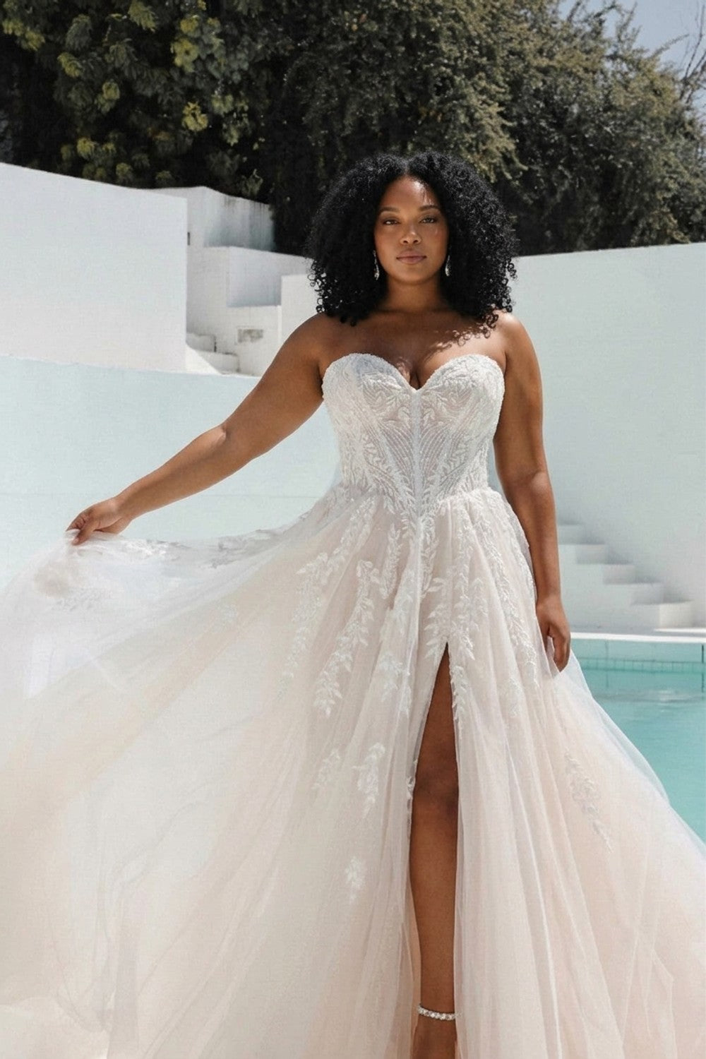 Plus-Size Ethereal and Feminine Strapless A-Line Dress With Buttons — plus-size render