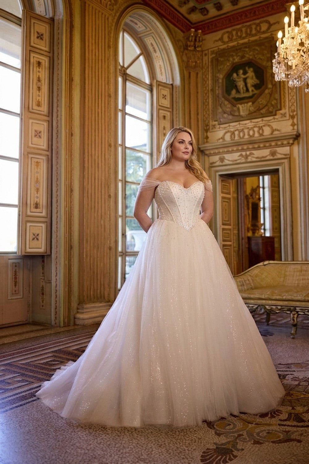 Plus-Size Off-The-Shoulder Pearl-Adorned Tulle Ball Gown — plus-size render