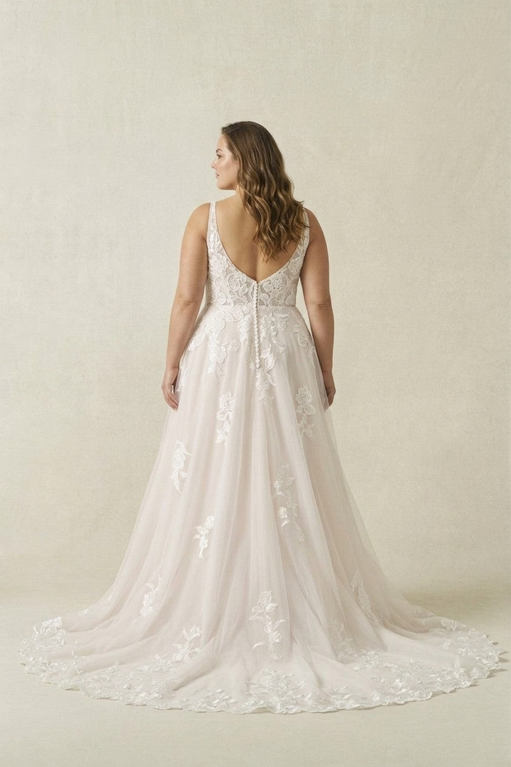 Plus-Size Floral Lace A‑Line Wedding Dress With Beaded Bodice — plus-size render