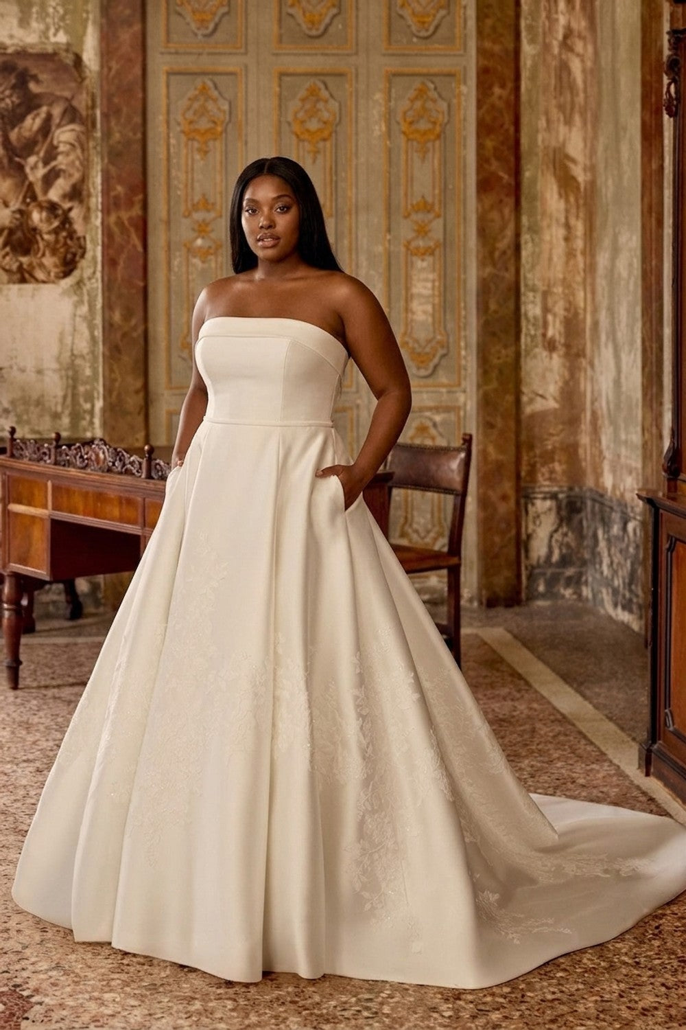 Plus-Size Simple A-Line Wedding Dress With Floral Embroidery And Bow — plus-size render