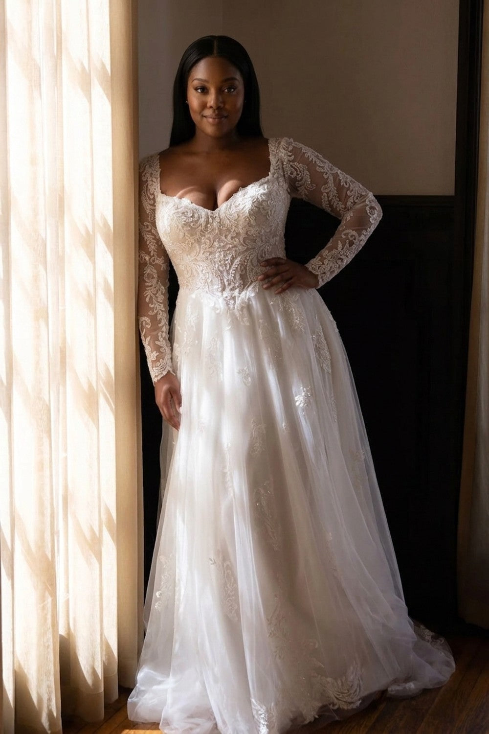 Plus-Size Romantic and Detailed Long Sleeve A-Line Wedding Dress — plus-size render
