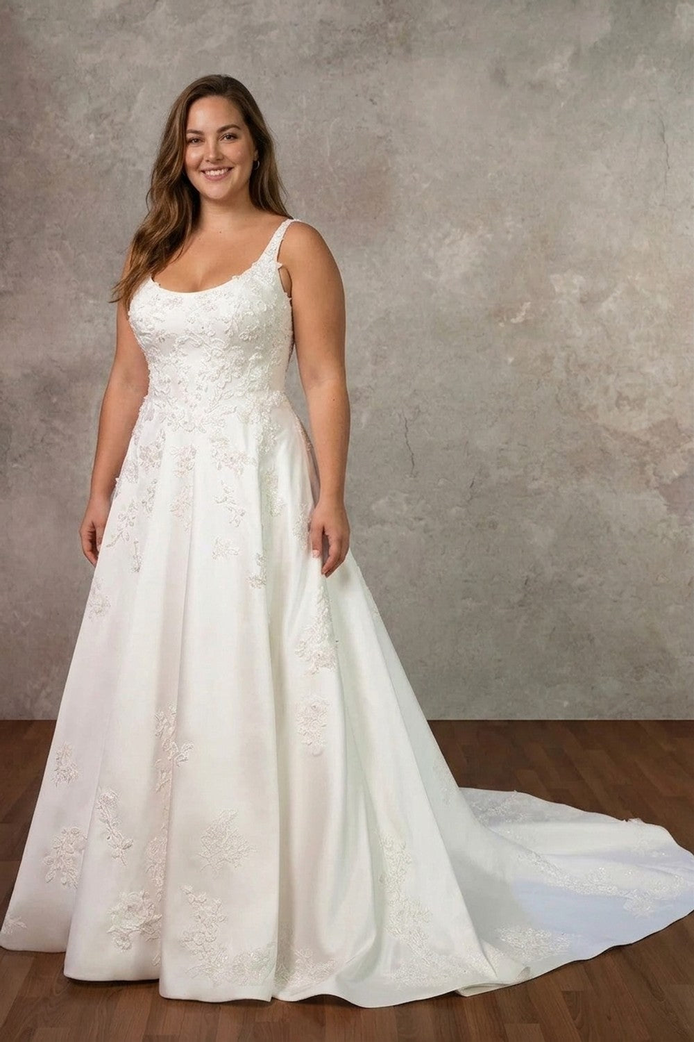 Plus-Size Scoop-Neck 3D Floral Satin A-Line Wedding Dress With Buttons — plus-size render