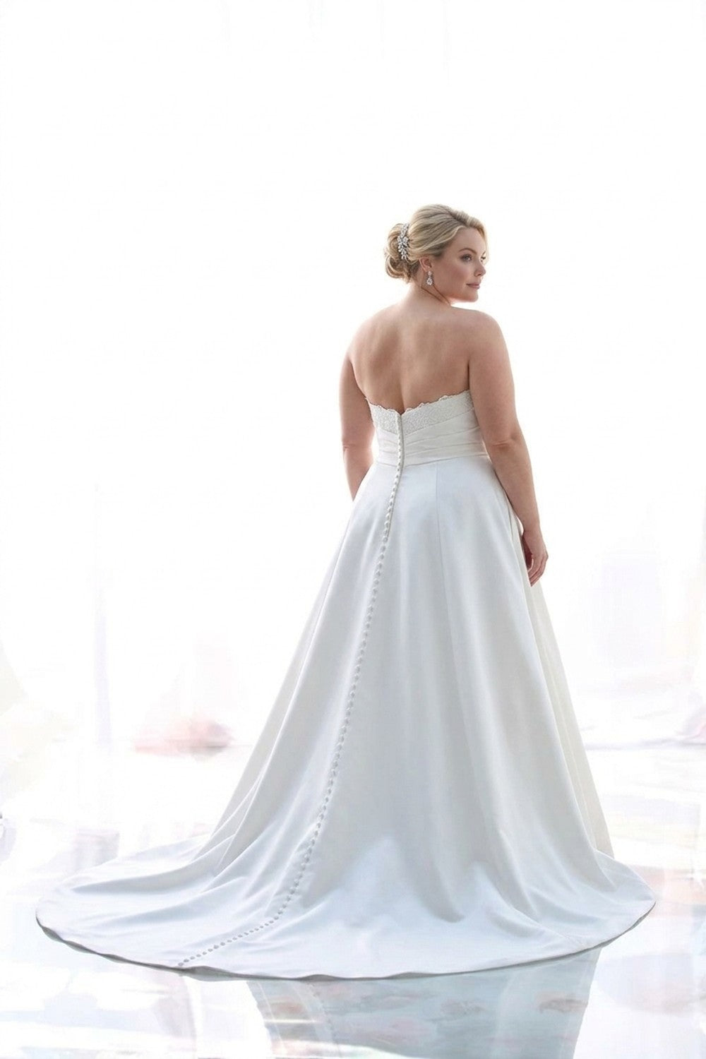 Plus-Size Satin A-Line Wedding Dress With Lace Details And Buttons — plus-size render