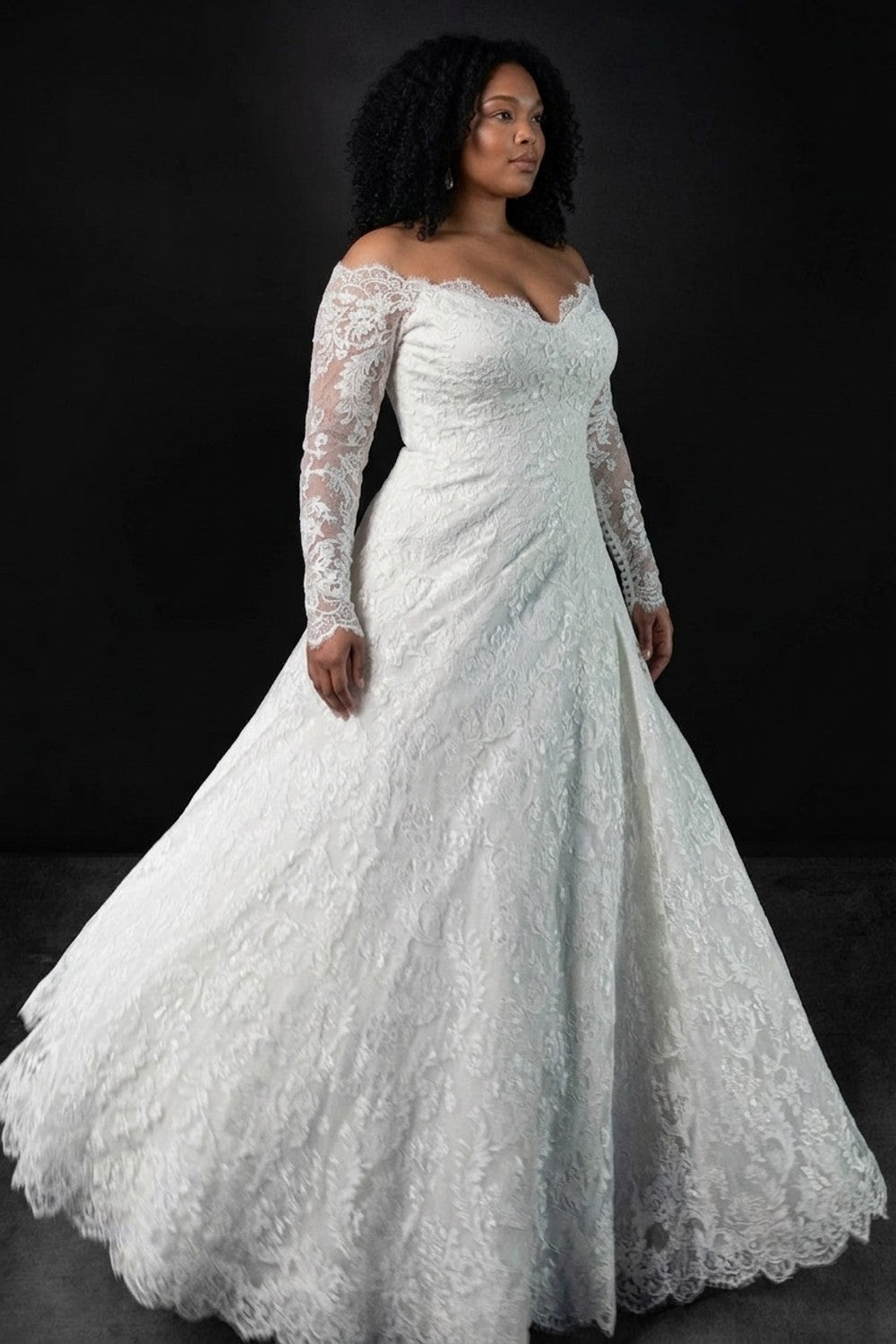 Plus-Size Romantic Lace Off-the-Shoulder Sleeve A-Line Wedding Dress — plus-size render