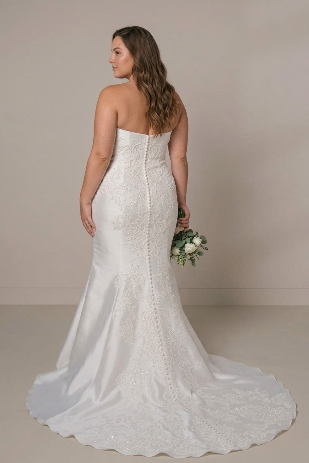 Plus-Size Strapless Sheath Wedding Dress with Intricate Detailing and Detachable Train — plus-size render