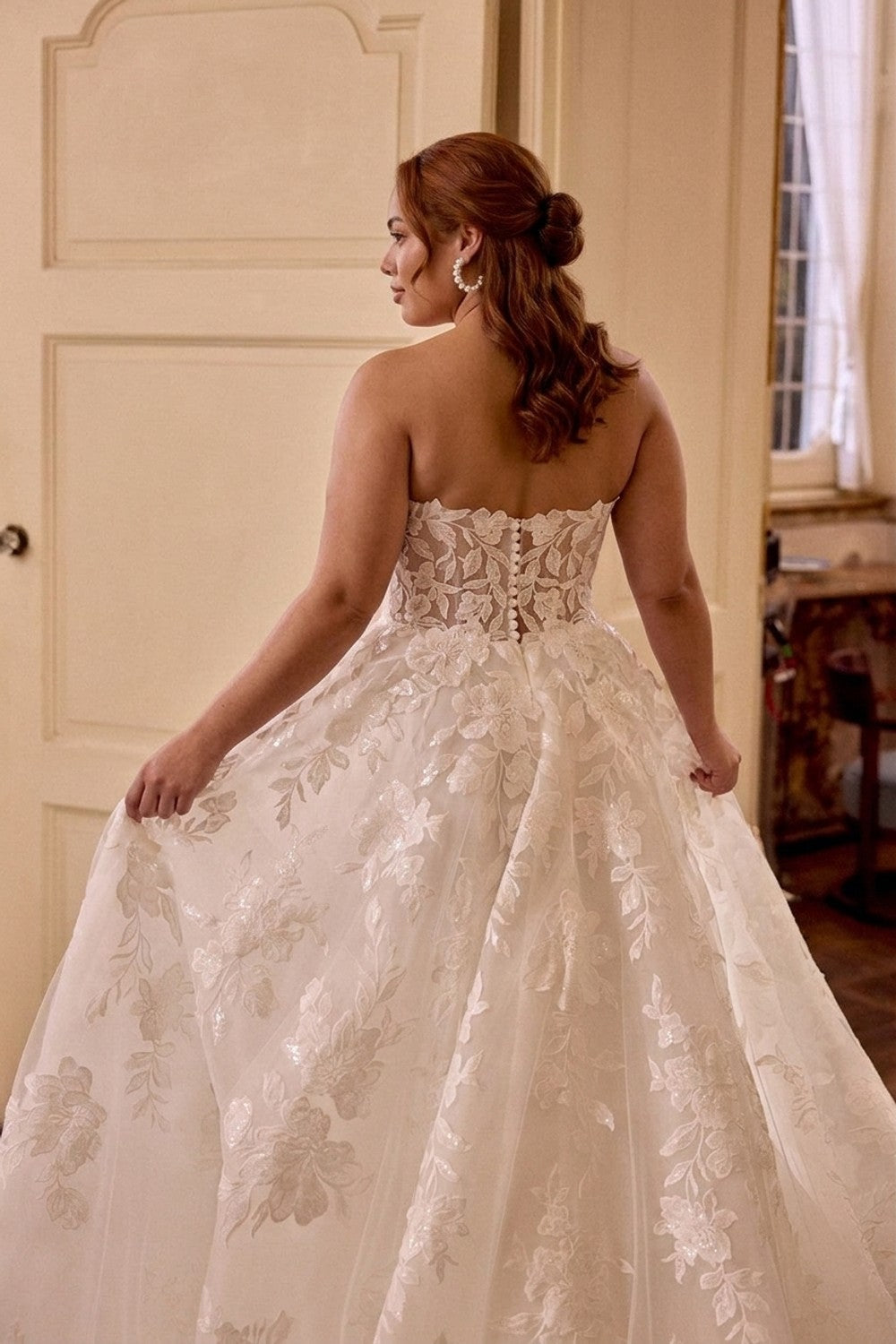 Plus-Size Romantic And Sparkly Floral Lace Ball Gown With Buttons — plus-size render