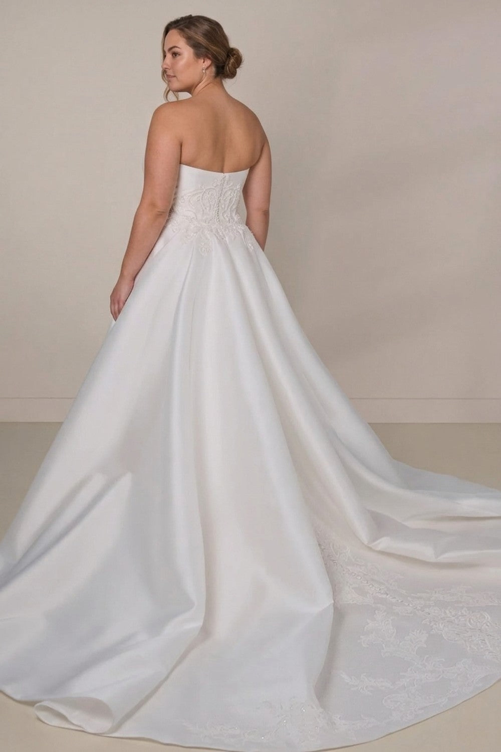 Plus-Size Strapless Sheath Wedding Dress with Intricate Detailing and Detachable Train — plus-size render