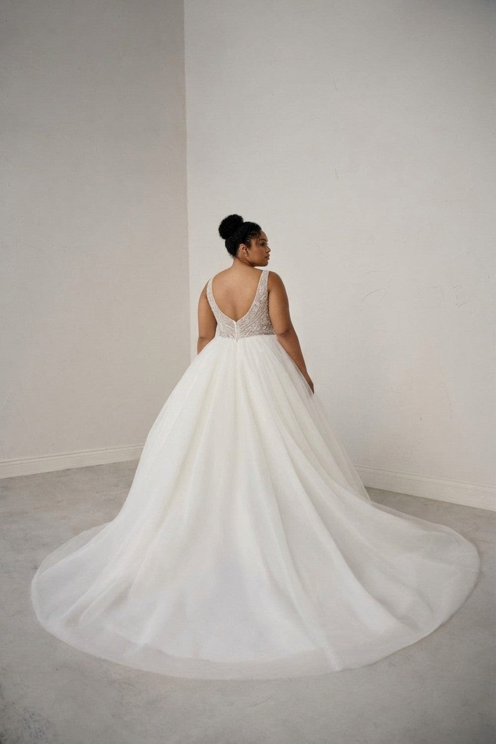 Plus-Size V-Neck Sparkly Tulle Ball Gown With Open Back — plus-size render