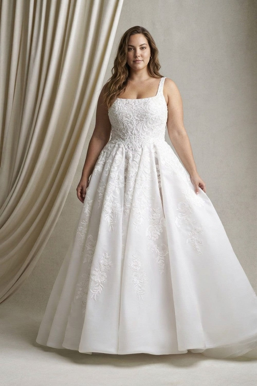 Plus-Size Square-Neck Beaded Lace Ballgown — plus-size render
