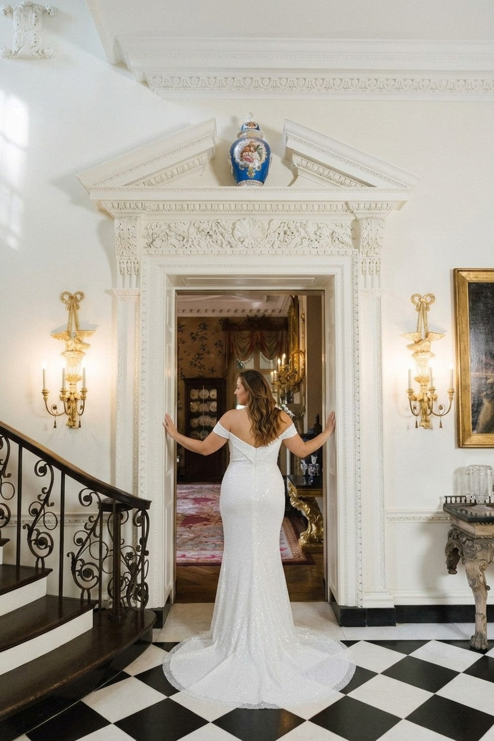 Plus-Size Sparkly Off-the-Shoulder Sheath Wedding Gown — plus-size render