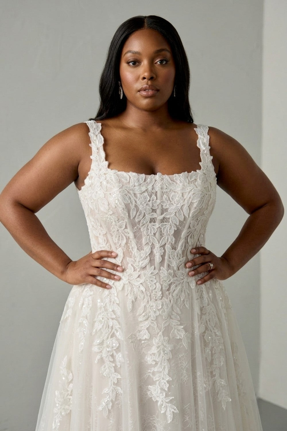 Plus-Size Sparkly Floral Ball Gown with Square Neckline — plus-size render