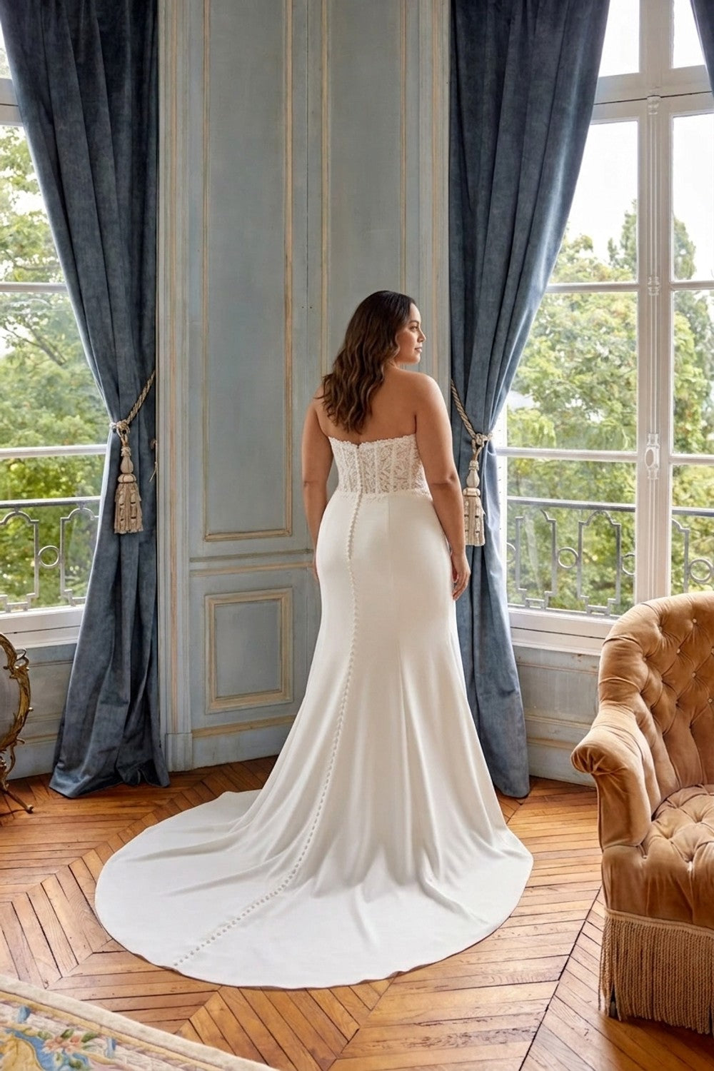 Plus-Size Strapless Fit-and-Flare Wedding Dress with Ruched Skirt — plus-size render