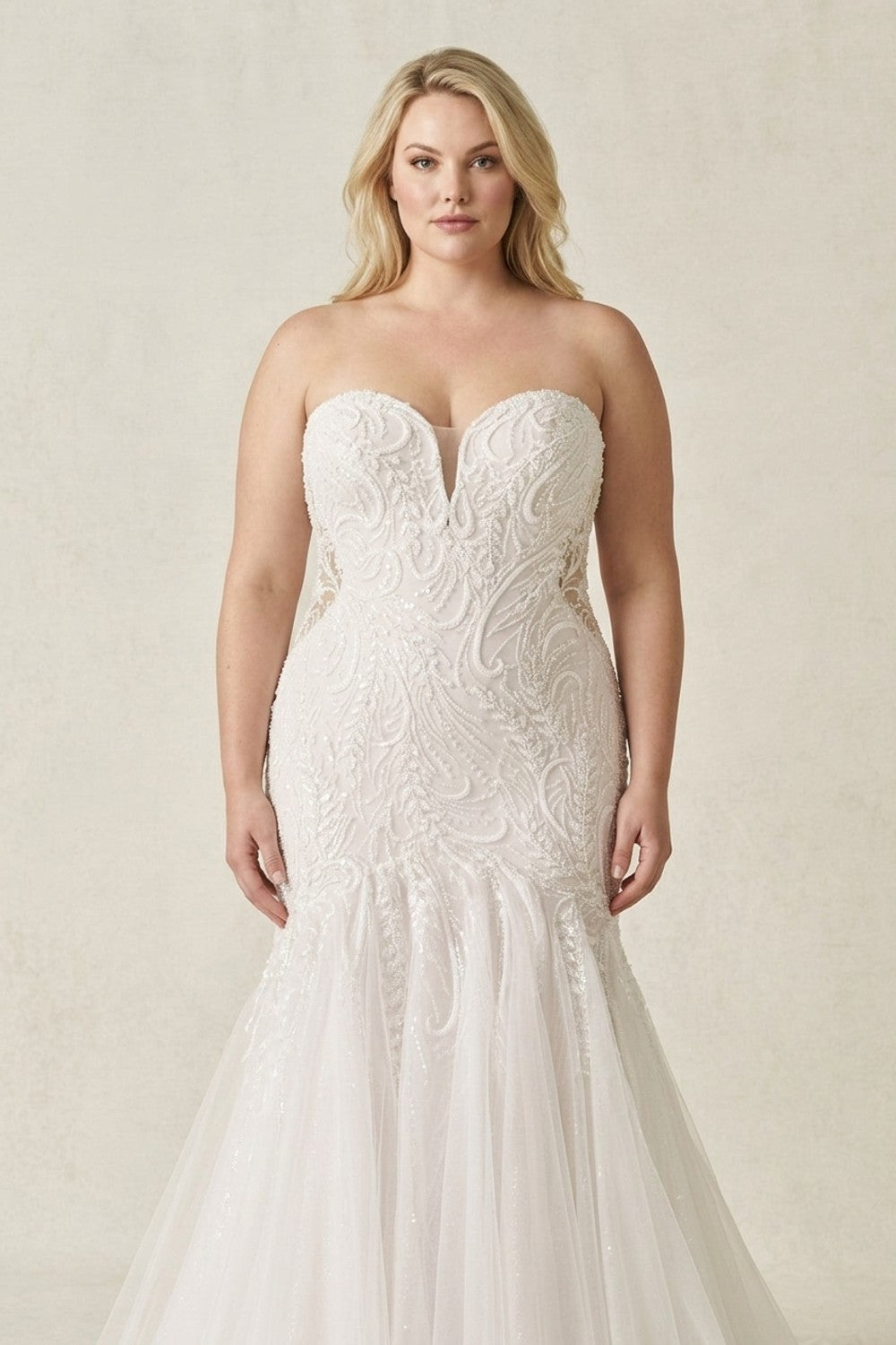 Plus-Size Strapless Lace Fit-and-Flare Wedding Dress With Tulle Skirt — plus-size render