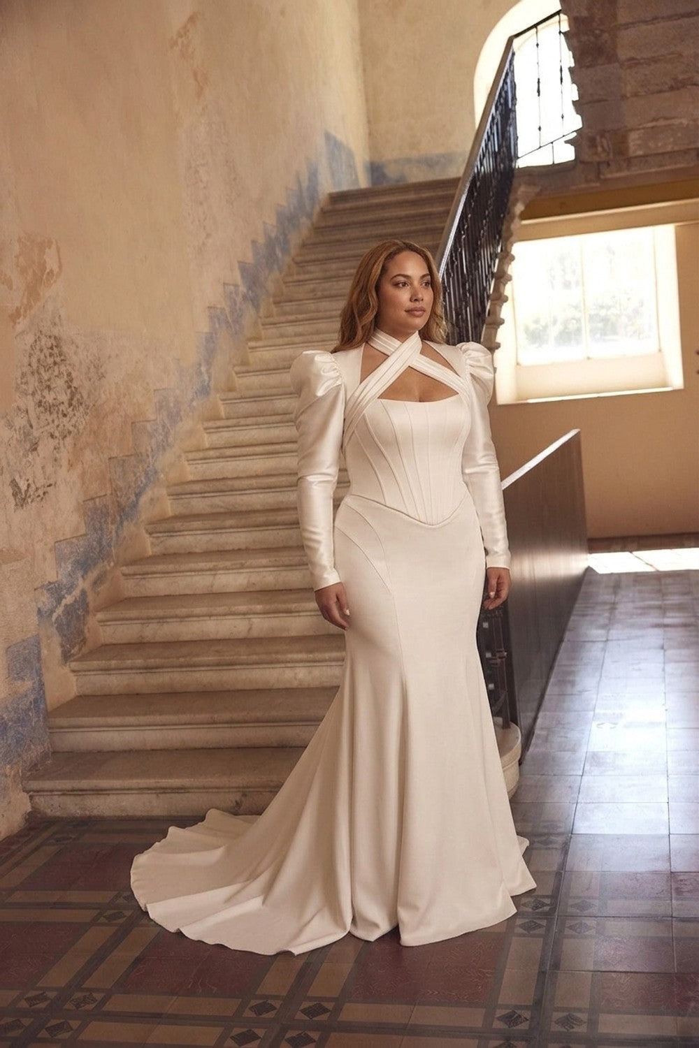 Plus-Size Satin Fit-and-Flare Wedding Dress With Detachable Bolero — plus-size render