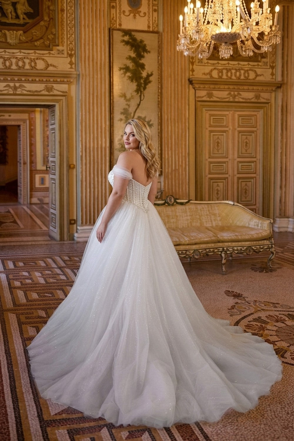 Plus-Size Off-The-Shoulder Pearl-Adorned Tulle Ball Gown — plus-size render