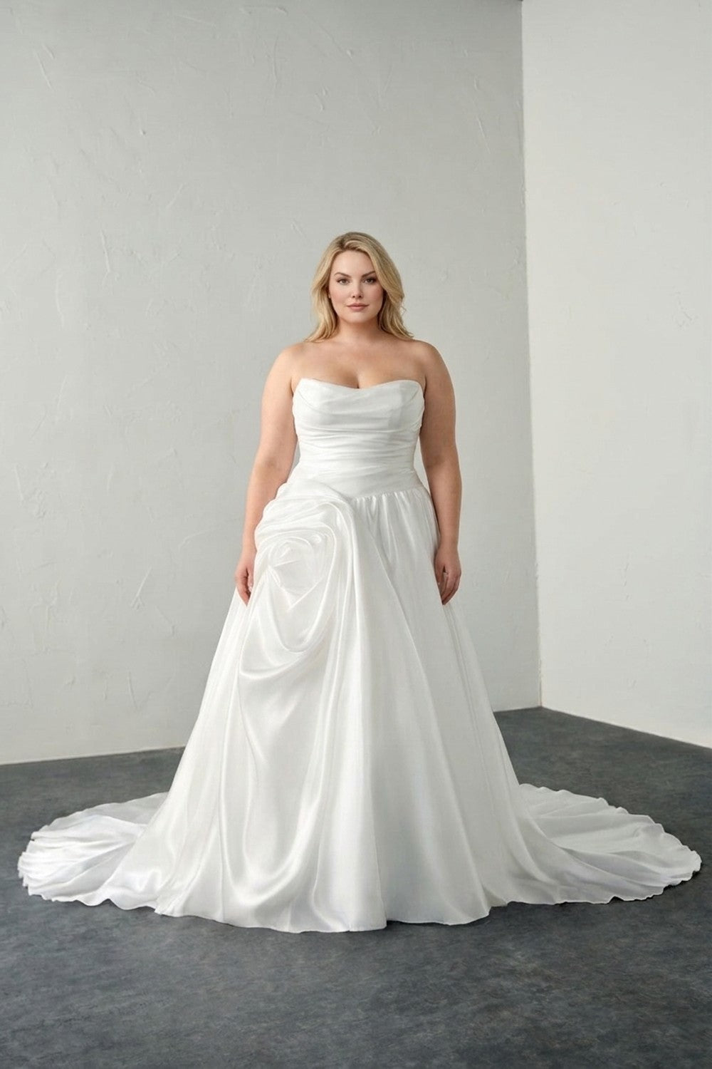 Plus-Size Strapless Ruched Ball Gown with 3D Floral Detail — plus-size render