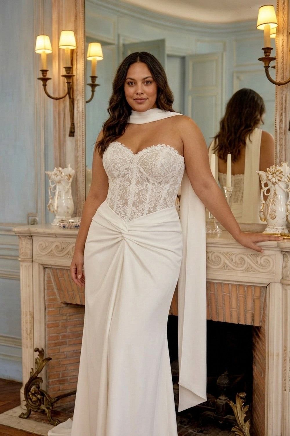 Plus-Size Strapless Fit-and-Flare Wedding Dress with Ruched Skirt — plus-size render