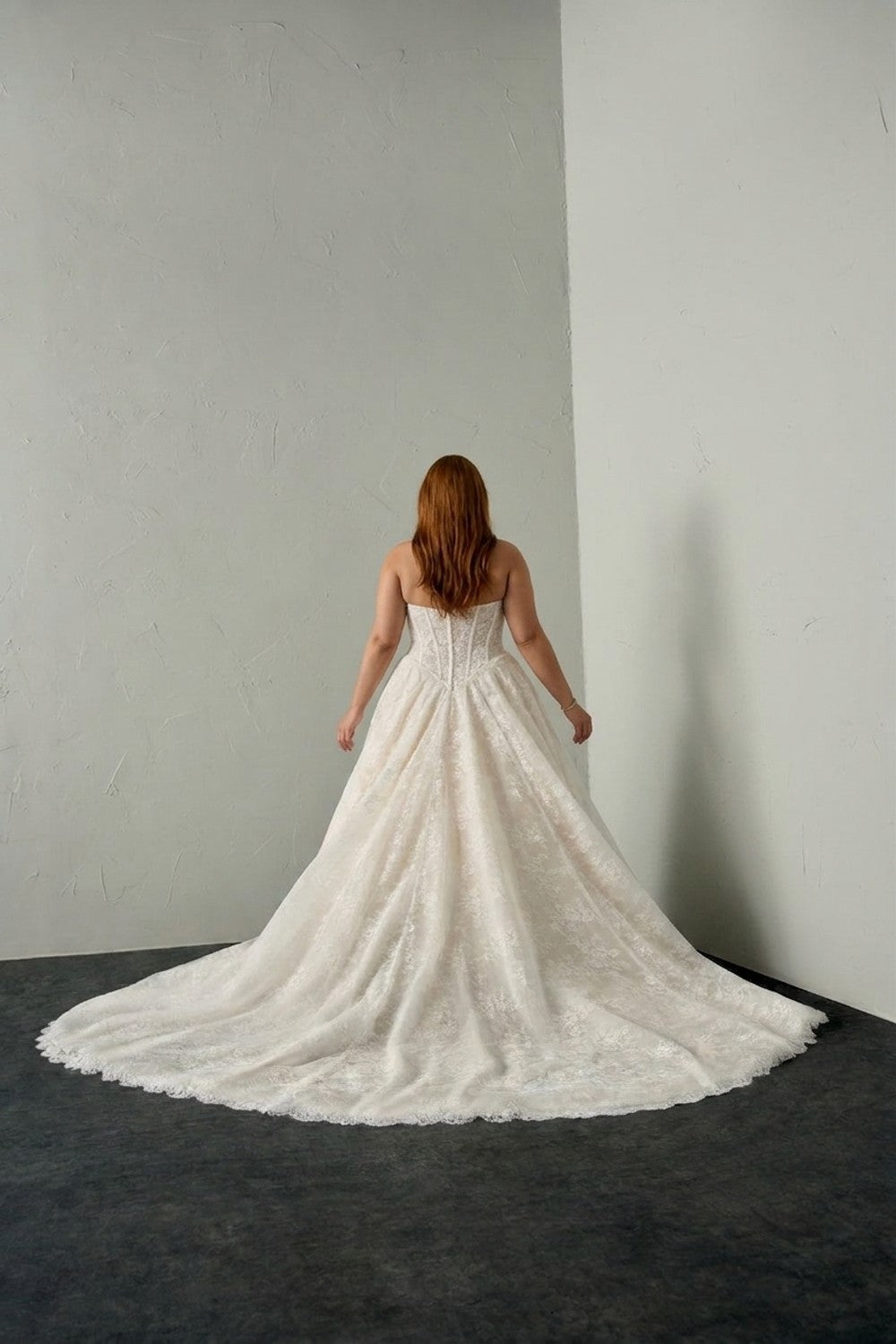 Plus-Size Lace Ball Gown with Peek-A-Boo Neckline — plus-size render