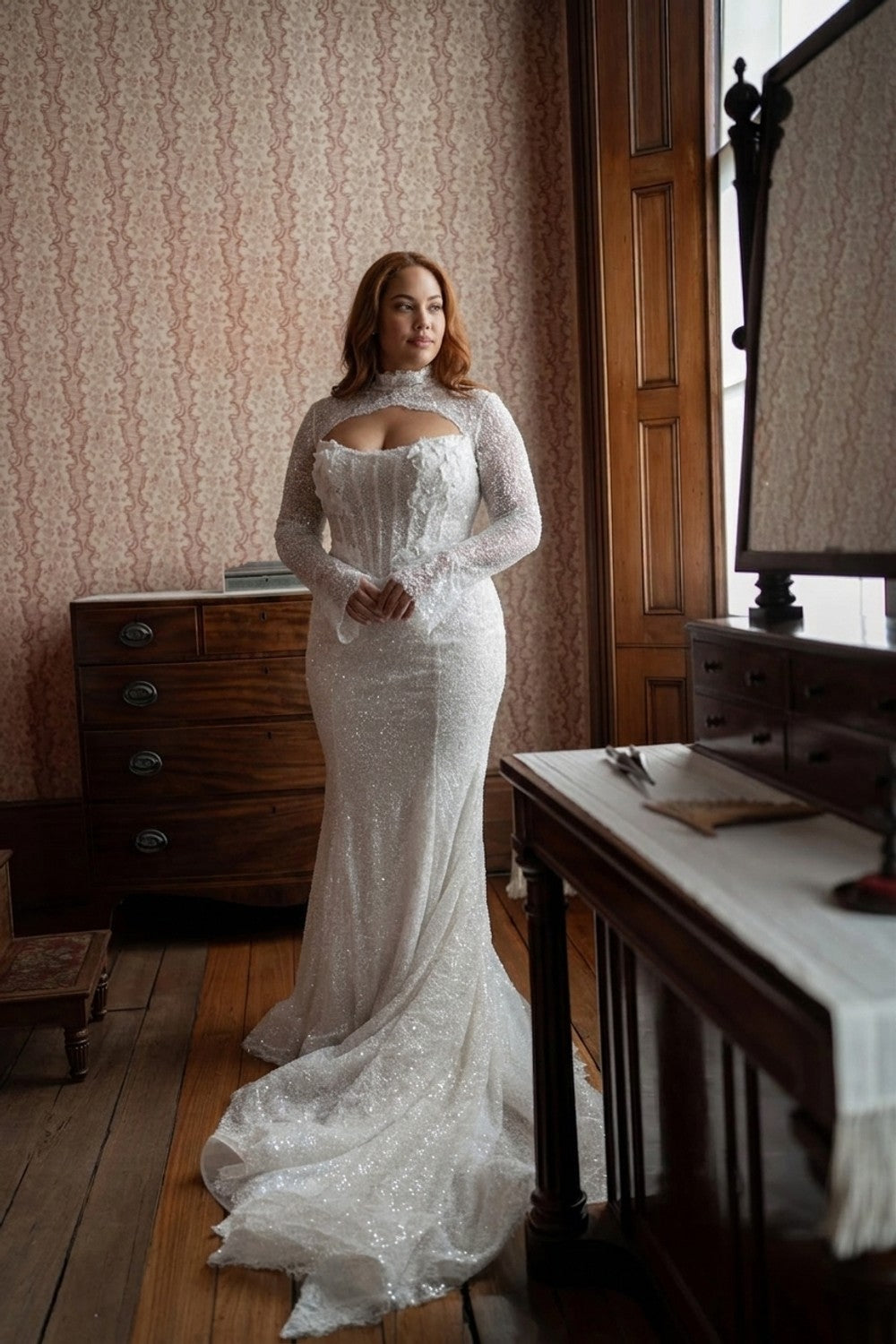 Plus-Size Modern Shimmering Fit‑to‑Flare Gown with Floral Appliqués — plus-size render
