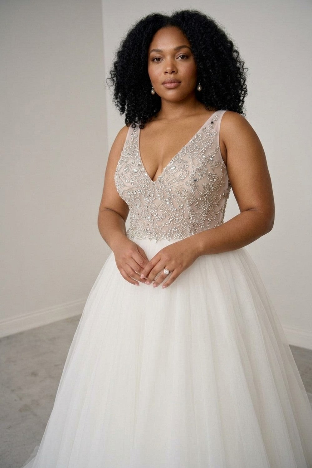 Plus-Size V-Neck Sparkly Tulle Ball Gown With Open Back — plus-size render
