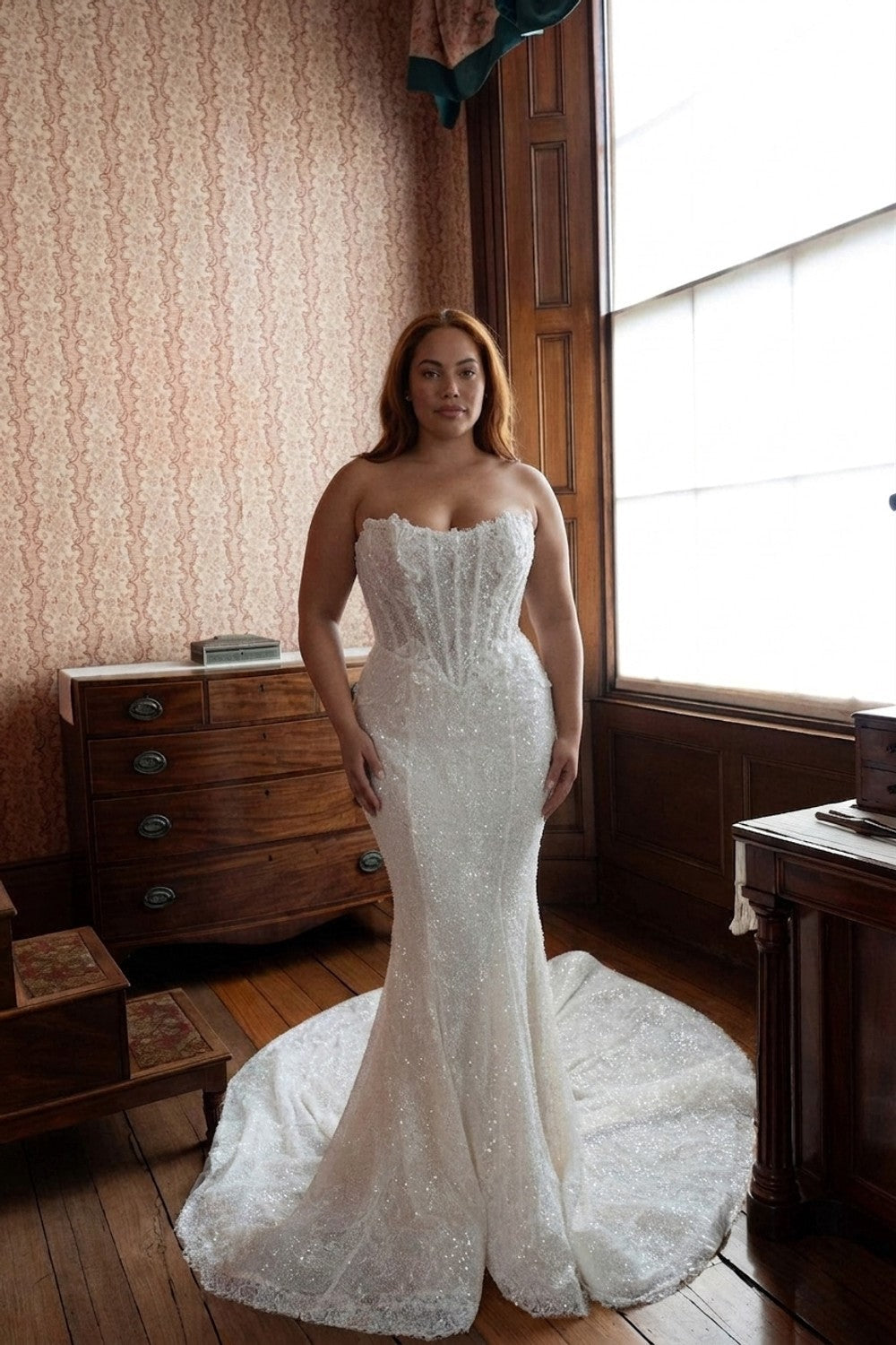 Plus-Size Modern Shimmering Fit‑to‑Flare Gown with Floral Appliqués — plus-size render