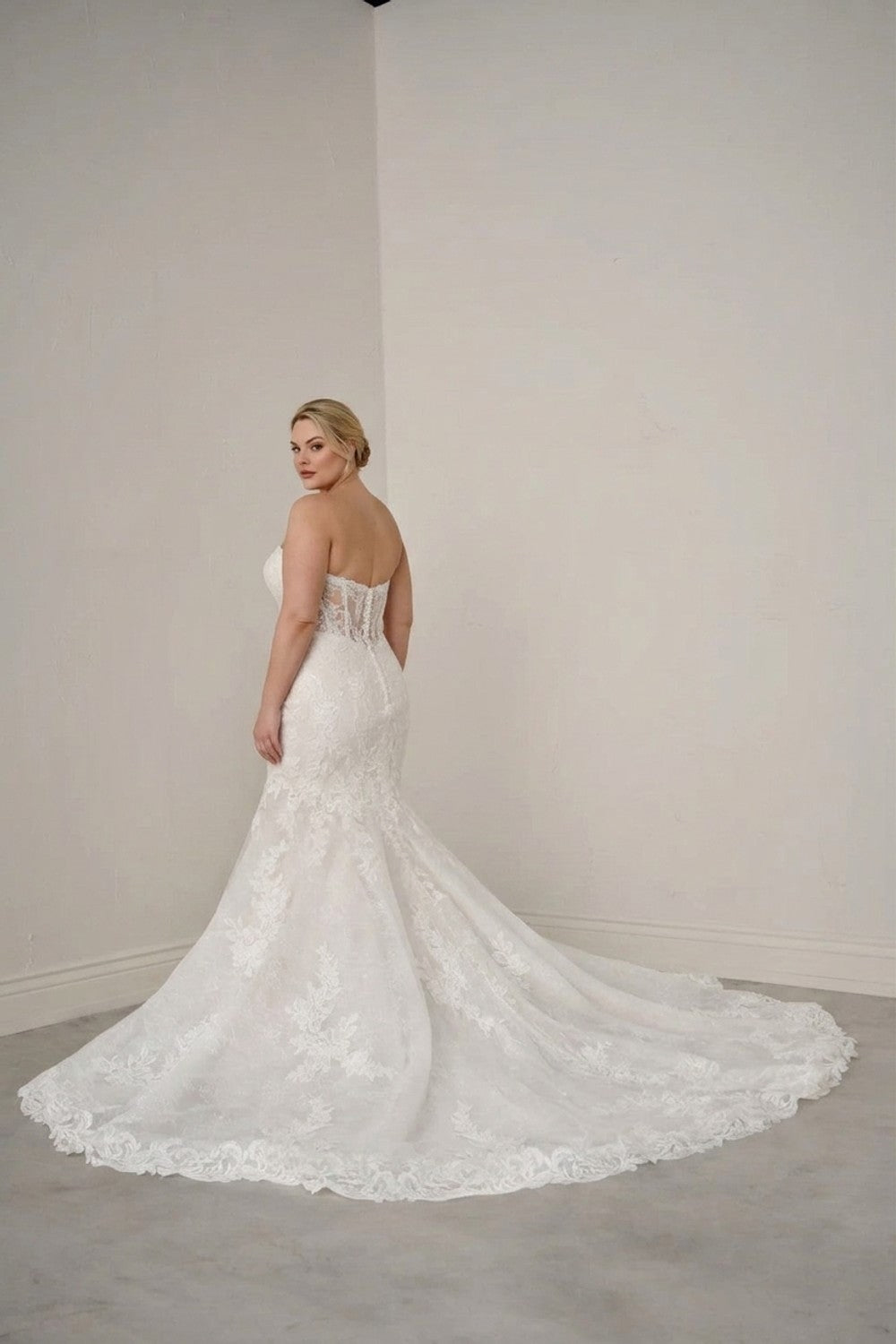 Plus-Size Strapless Lace Fit-And-Flare Wedding Dress With Detachable Sleeves — plus-size render