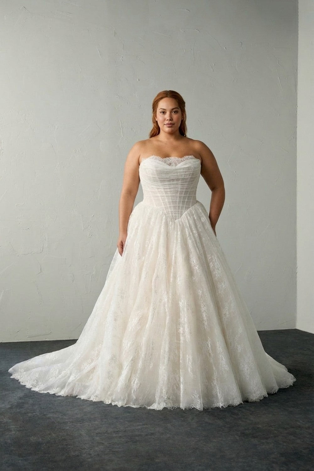 Plus-Size Lace Ball Gown with Peek-A-Boo Neckline — plus-size render