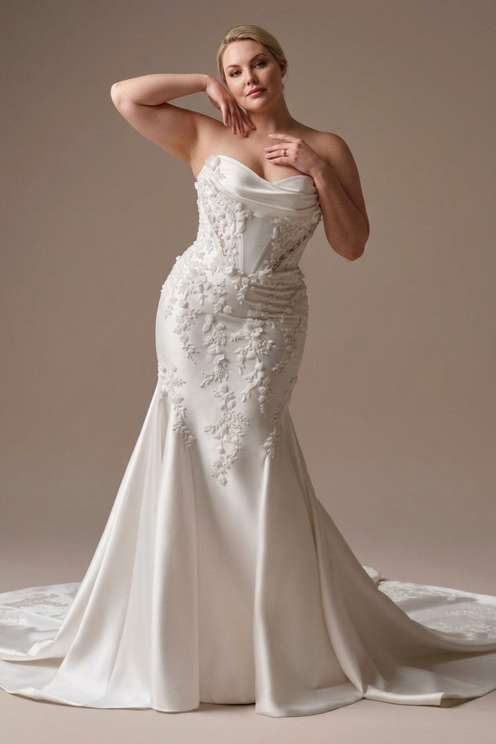 Plus-Size Modern And Romantic Embellished Satin Fit-And-Flare Wedding Dress With Detachable Accessories — plus-size render