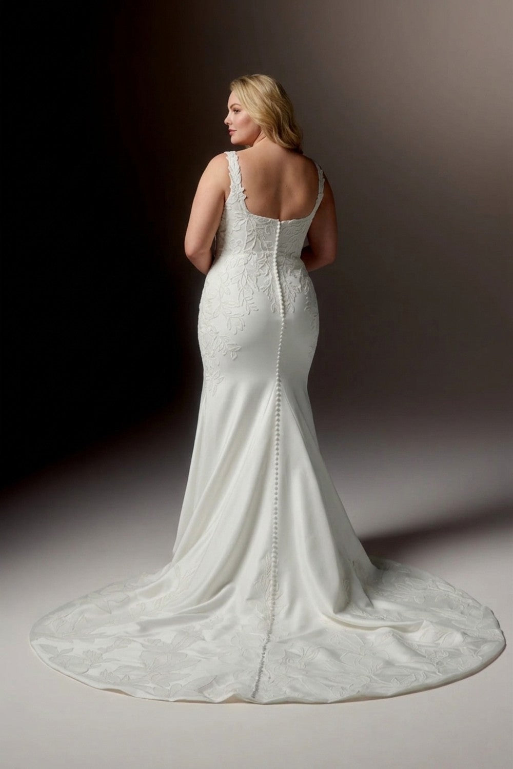 Plus-Size Square Neck Fit-And-Flare Wedding Dress with Ivory Embroidered Soutache Throughout — plus-size render