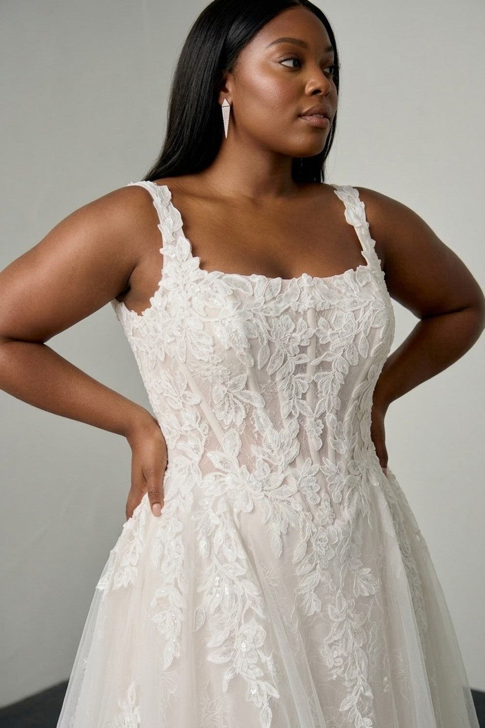 Plus-Size Sparkly Floral Ball Gown with Square Neckline — plus-size render