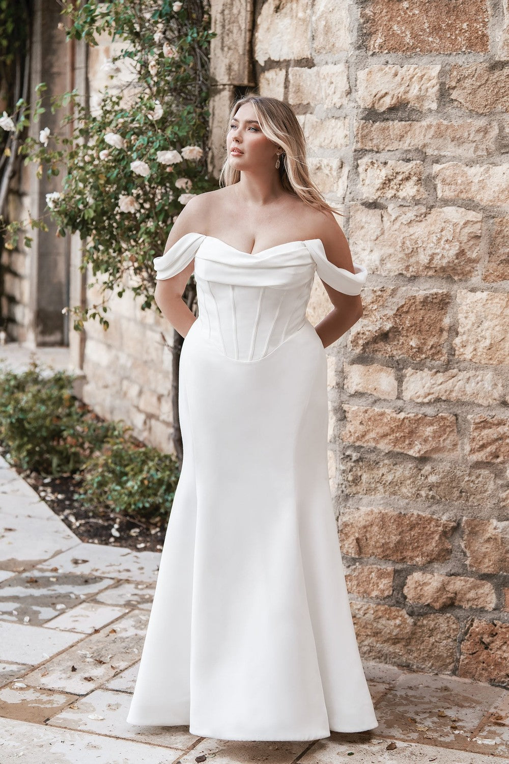 Plus-Size Sleek And Modern Basque-Waist Fit-and-Flare Wedding Dress With Buttons by Allure Bridals — image 1 of 2