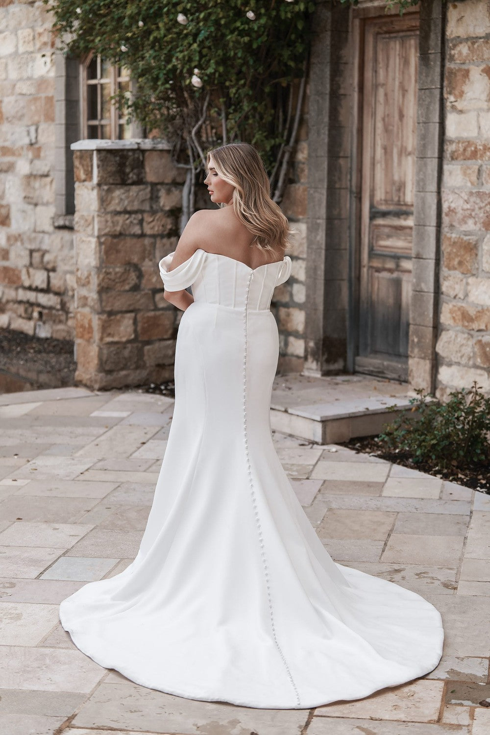 Plus-Size Sleek And Modern Basque-Waist Fit-and-Flare Wedding Dress With Buttons by Allure Bridals — image 2 of 2