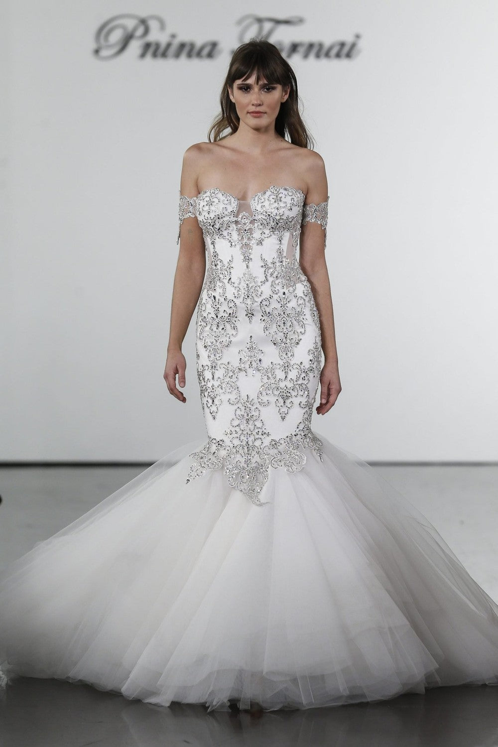 Crystal Embellished Mermaid Tulle Skirt Wedding Dress by Pnina Tornai — image 1 of 2