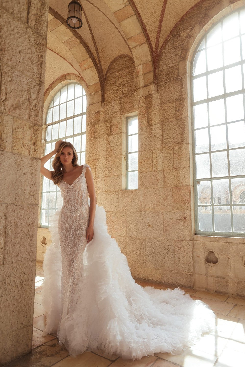 Embellished Lace Sheath Wedding Dress With Detachable Train by Pnina Tornai — image 1 of 3