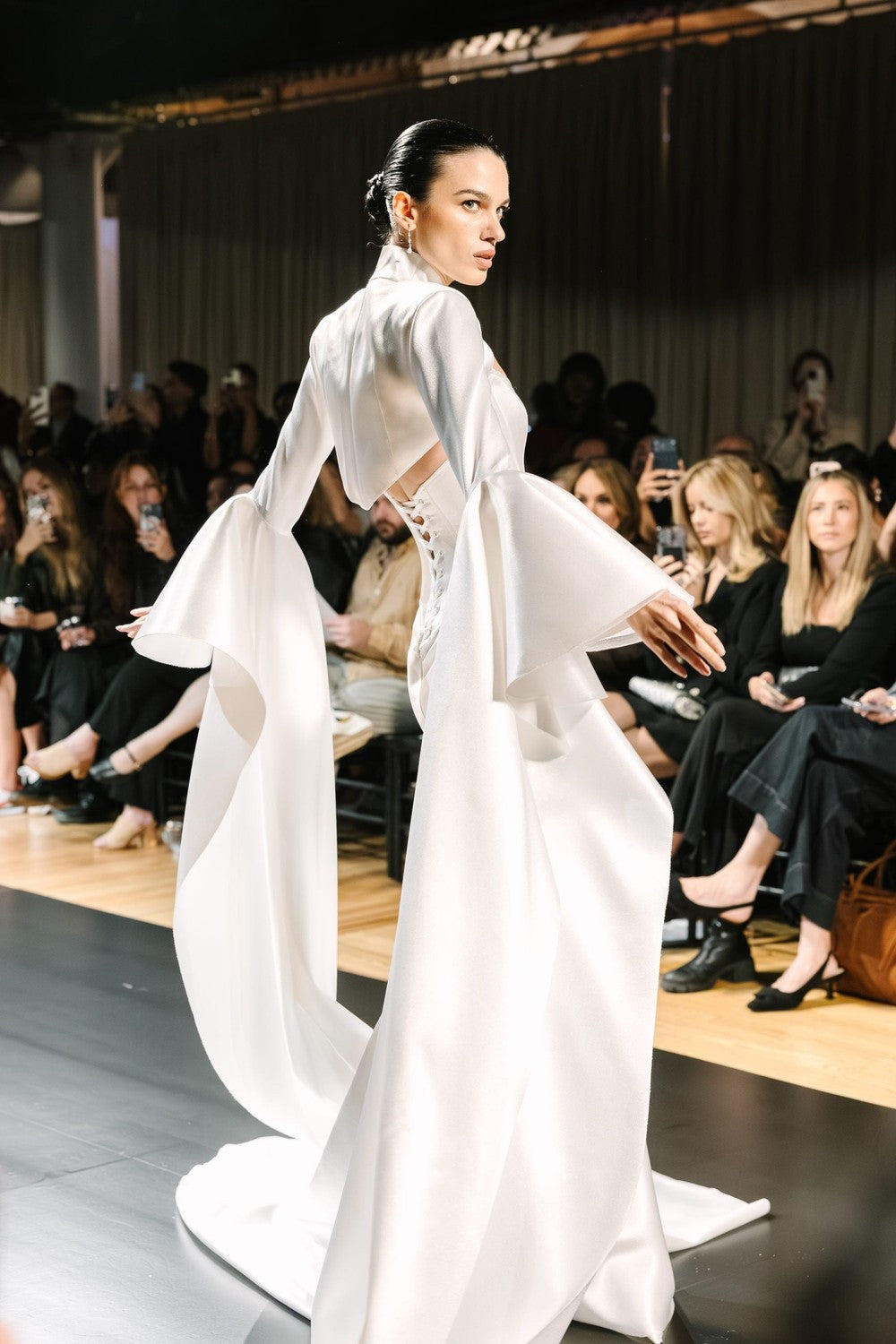 Minimalist Satin Fit-And-Flare Wedding Dress With Corset Bodice And Detachable Bolero by Pnina Tornai — image 2 of 2