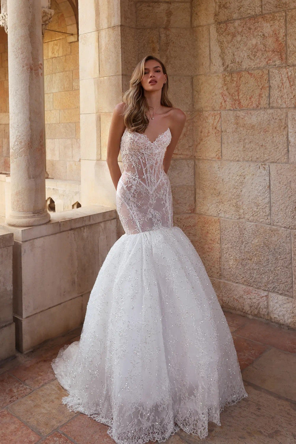 Romantic And Dramatic Sparkly Lace Mermaid Wedding Dress by Pnina Tornai — image 1 of 2