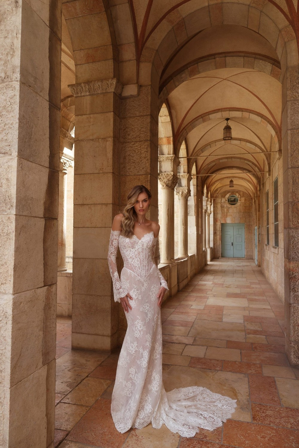 Romantic Off-The-Shoulder Long Sleeve Lace Fit-And-Flare Wedding Dress by Pnina Tornai — image 1 of 2