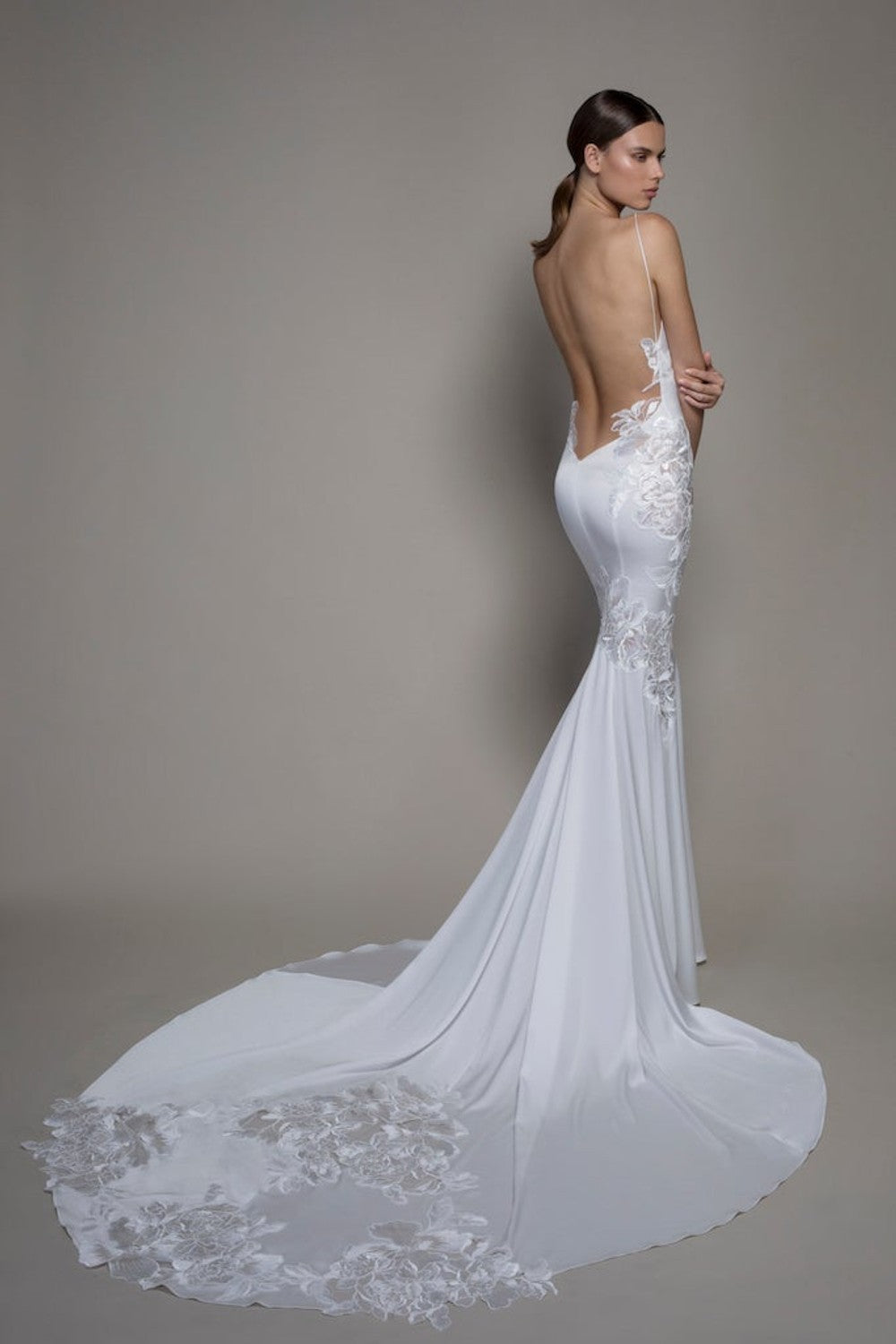 Spaghetti Strap Crepe Sheath Dress With Floral Applique And Cowl Neck by Pnina Tornai — image 2 of 2